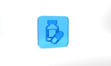 Blue Sleeping pill icon isolated on grey background. Glass square button. 3d illustration 3D render.