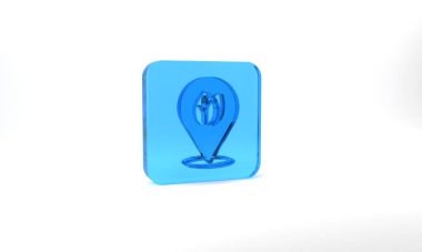 Blue Location pin with leaf inside icon isolated on grey background. Leaves sign. Fresh natural product symbol. Glass square button. 3d illustration 3D render.