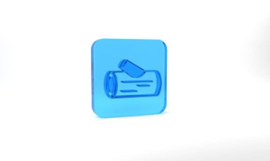 Blue Wooden log icon isolated on grey background. Stack of firewood. Glass square button. 3d illustration 3D render.