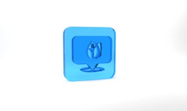 Blue Location pin with leaf inside icon isolated on grey background. Leaves sign. Fresh natural product symbol. Glass square button. 3d illustration 3D render.