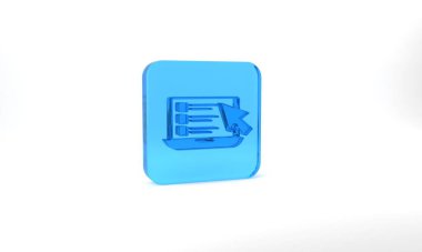 Blue Online quiz, test, survey or checklist icon isolated on grey background. Exam list. E-education concept. Glass square button. 3d illustration 3D render.