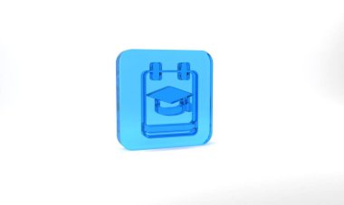 Blue Online education and graduation icon isolated on grey background. Online teacher on monitor. Webinar and video seminar learning. Glass square button. 3d illustration 3D render.
