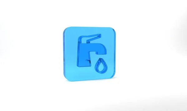 Blue Water Tap Icon Isolated Grey Background Glass Square Button — Photo