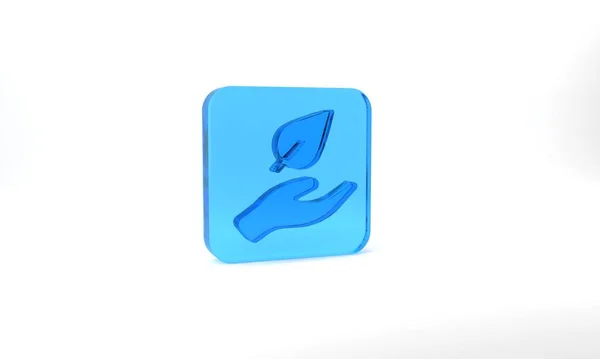 Blue Hand Hold Leaf Plant Icon Isolated Grey Background Care — 图库照片
