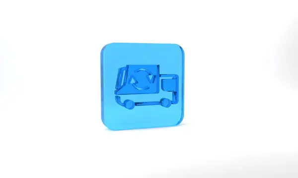 Blue Garbage Truck Icon Isolated Grey Background Glass Square Button — Stockfoto