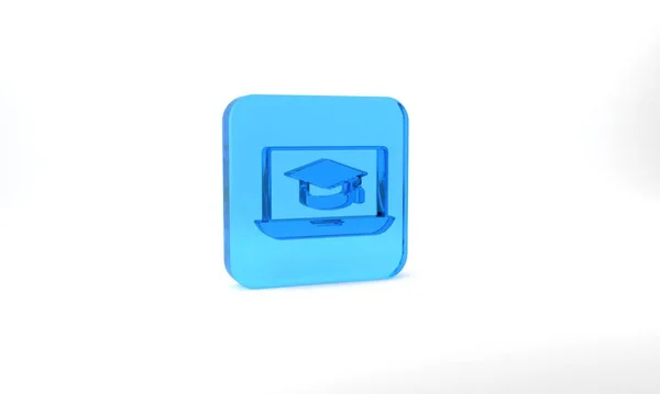 Blue Graduation Cap Screen Laptop Icon Isolated Grey Background Online — 图库照片