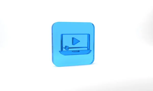 Blue Online Play Video Icon Isolated Grey Background Laptop Film — Stok fotoğraf