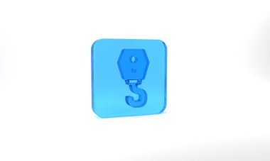 Blue Crane hook icon isolated on grey background. Industrial hook icon. Glass square button. 3d illustration 3D render.