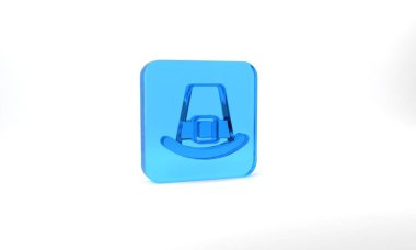 Blue Leprechaun hat icon isolated on grey background. Happy Saint Patricks day. National Irish holiday. Glass square button. 3d illustration 3D render.