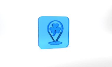 Blue Clover trefoil leaf icon isolated on grey background. Happy Saint Patricks day. National Irish holiday. Glass square button. 3d illustration 3D render.
