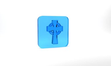 Blue Celtic cross icon isolated on grey background. Happy Saint Patricks day. National Irish holiday. Glass square button. 3d illustration 3D render.