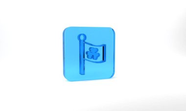 Blue National Ireland flag with clover trefoil leaf icon isolated on grey background. Happy Saint Patricks day. National Irish holiday. Glass square button. 3d illustration 3D render.