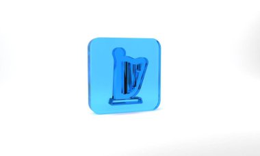 Blue Harp icon isolated on grey background. Classical music instrument, orhestra string acoustic element. Glass square button. 3d illustration 3D render.