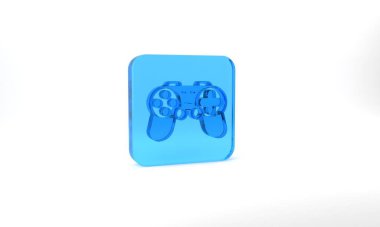 Blue Gamepad icon isolated on grey background. Game controller. Glass square button. 3d illustration 3D render.