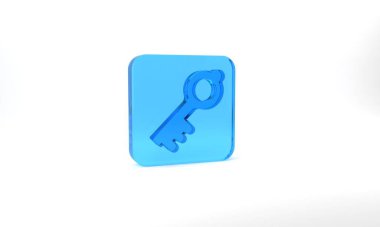 Blue Old magic key icon isolated on grey background. Glass square button. 3d illustration 3D render.