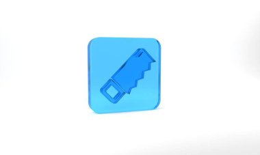 Blue Hand saw icon isolated on grey background. Glass square button. 3d illustration 3D render.