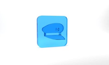 Blue Train driver hat icon isolated on grey background. Glass square button. 3d illustration 3D render.