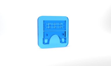 Blue Bridge for train icon isolated on grey background. Glass square button. 3d illustration 3D render.