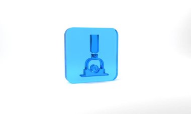 Blue Arrow for switching the railway icon isolated on grey background. Old railway tracks. Glass square button. 3d illustration 3D render.