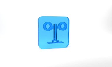 Blue Train traffic light icon isolated on grey background. Traffic lights for the railway to regulate the movement of trains. Glass square button. 3d illustration 3D render.