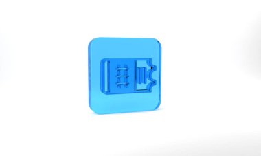 Blue Train ticket icon isolated on grey background. Travel by railway. Glass square button. 3d illustration 3D render.