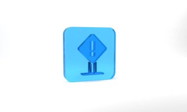 Blue Exclamation mark in square frame icon isolated on grey background. Hazard warning sign, careful, attention, danger warning important sign. Glass square button. 3d illustration 3D render.