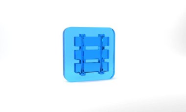Blue Railway, railroad track icon isolated on grey background. Glass square button. 3d illustration 3D render.