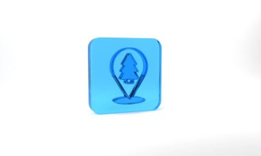 Blue Christmas tree icon isolated on grey background. Merry Christmas and Happy New Year. Glass square button. 3d illustration 3D render.