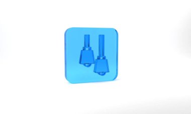 Blue Lamp hanging icon isolated on grey background. Ceiling lamp light bulb. Glass square button. 3d illustration 3D render.