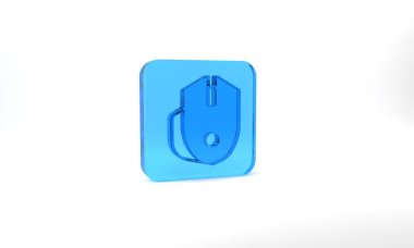 Blue Computer mouse gaming icon isolated on grey background. Optical with wheel symbol. Glass square button. 3d illustration 3D render.