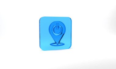 Blue Power button icon isolated on grey background. Start sign. Glass square button. 3d illustration 3D render.