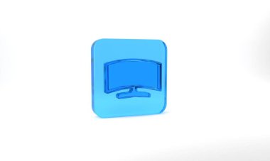 Blue Computer monitor icon isolated on grey background. PC component sign. Glass square button. 3d illustration 3D render.