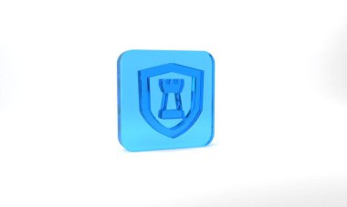 Blue Chess shield icon isolated on grey background. Business strategy. Game, management, finance. Glass square button. 3d illustration 3D render.