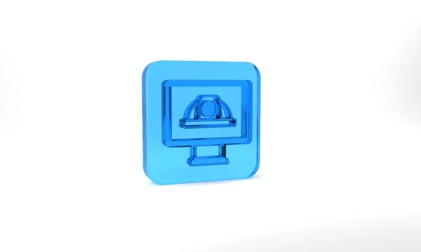 Blue Worker Safety Helmet Icon Isolated Grey Background Glass Square — Foto Stock