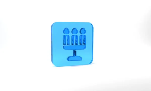 Голубой Канделябр Тремя Значками Свечей Выделенными Сером Фоне Стеклянная Кнопка — стоковое фото