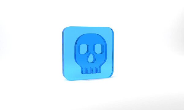 Blue Skull icon isolated on grey background. Happy Halloween party. Glass square button. 3d illustration 3D render.