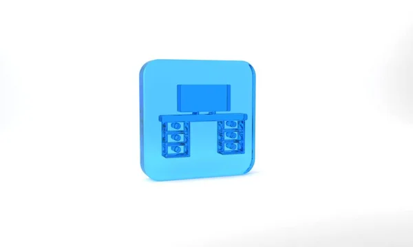 Blue Office Desk Icon Isolated Grey Background Glass Square Button — Stok fotoğraf