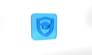 Blue Graduation cap with shield icon isolated on grey background. Insurance concept. Security, safety, protection, protect concept. Glass square button. 3d illustration 3D render.