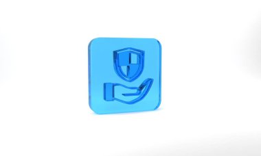 Blue Shield in hand icon isolated on grey background. Insurance concept. Guard sign. Security, safety, protection, privacy concept. Glass square button. 3d illustration 3D render.