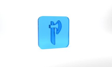 Blue Wooden axe icon isolated on grey background. Lumberjack axe. Glass square button. 3d illustration 3D render.