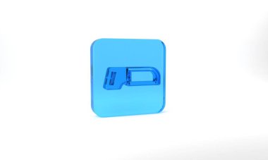 Blue Hacksaw icon isolated on grey background. Metal saw for wood and metal. Glass square button. 3d illustration 3D render.