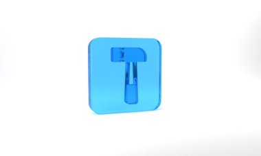 Blue Hammer icon isolated on grey background. Tool for repair. Glass square button. 3d illustration 3D render.