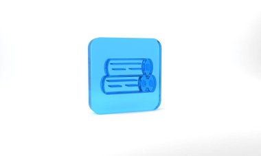 Blue Wooden log icon isolated on grey background. Stack of firewood. Glass square button. 3d illustration 3D render.