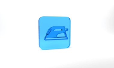 Blue Electric iron icon isolated on grey background. Steam iron. Glass square button. 3d illustration 3D render.