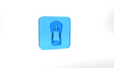 Blue Zipper icon isolated on grey background. Glass square button. 3d illustration 3D render.