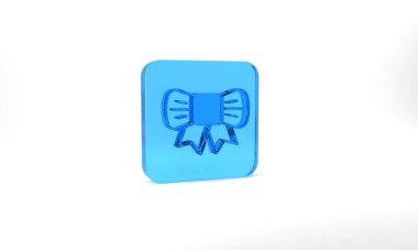 Blue Gift bow icon isolated on grey background. Glass square button. 3d illustration 3D render.