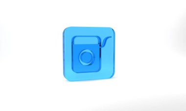 Blue Dental floss icon isolated on grey background. Glass square button. 3d illustration 3D render.