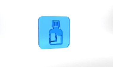 Blue Mouthwash plastic bottle icon isolated on grey background. Liquid for rinsing mouth. Oralcare equipment. Glass square button. 3d illustration 3D render.