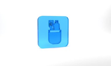 Blue Toothbrush and tube of toothpaste icon isolated on grey background. Disposable bathroom supplies. Glass square button. 3d illustration 3D render.