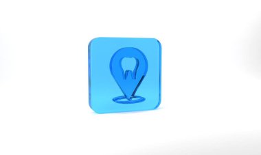 Blue Dental clinic location icon isolated on grey background. Glass square button. 3d illustration 3D render.